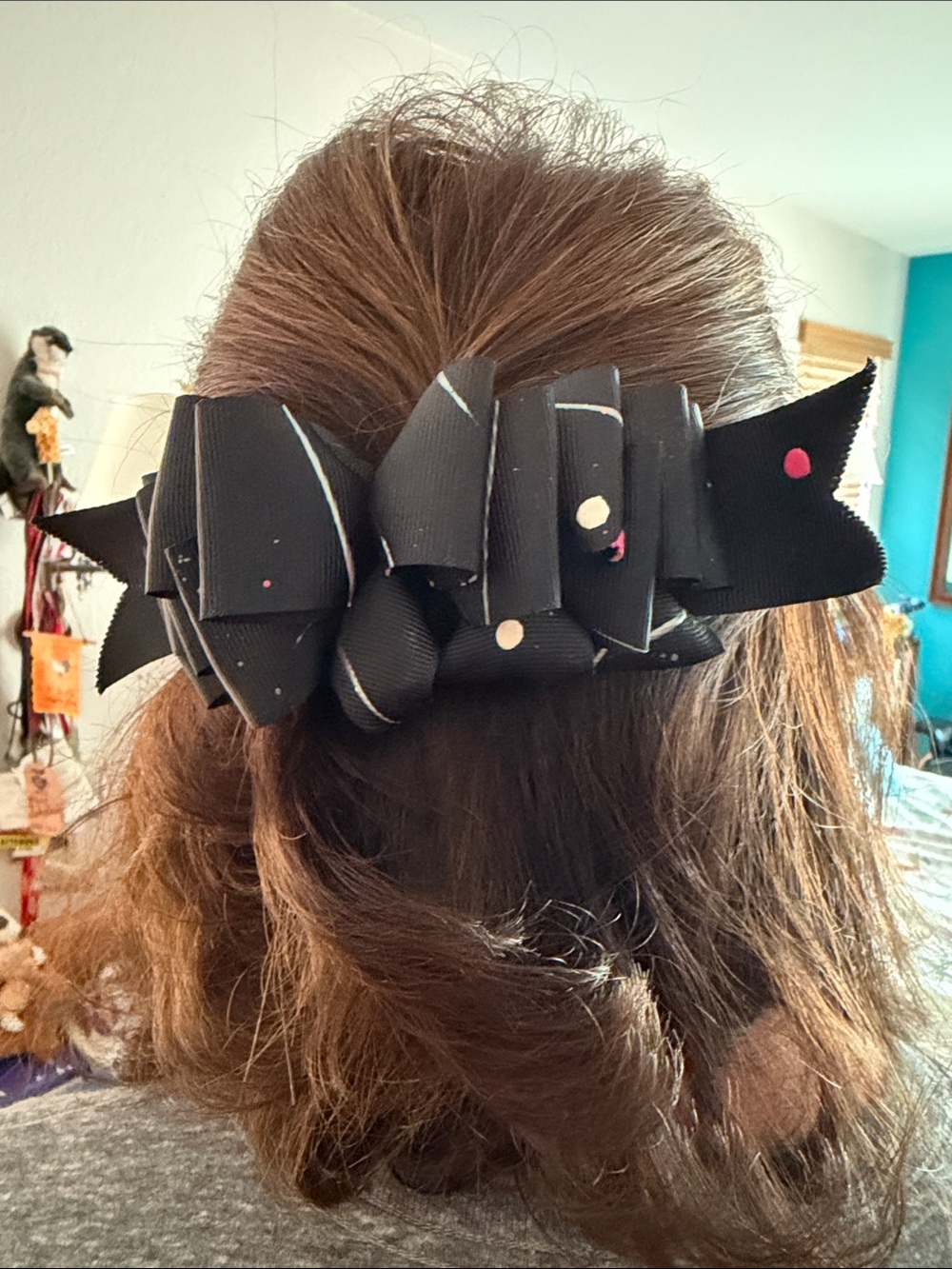 Black Grosgrain Bow Hair Barrette with Pink and Cream Dots